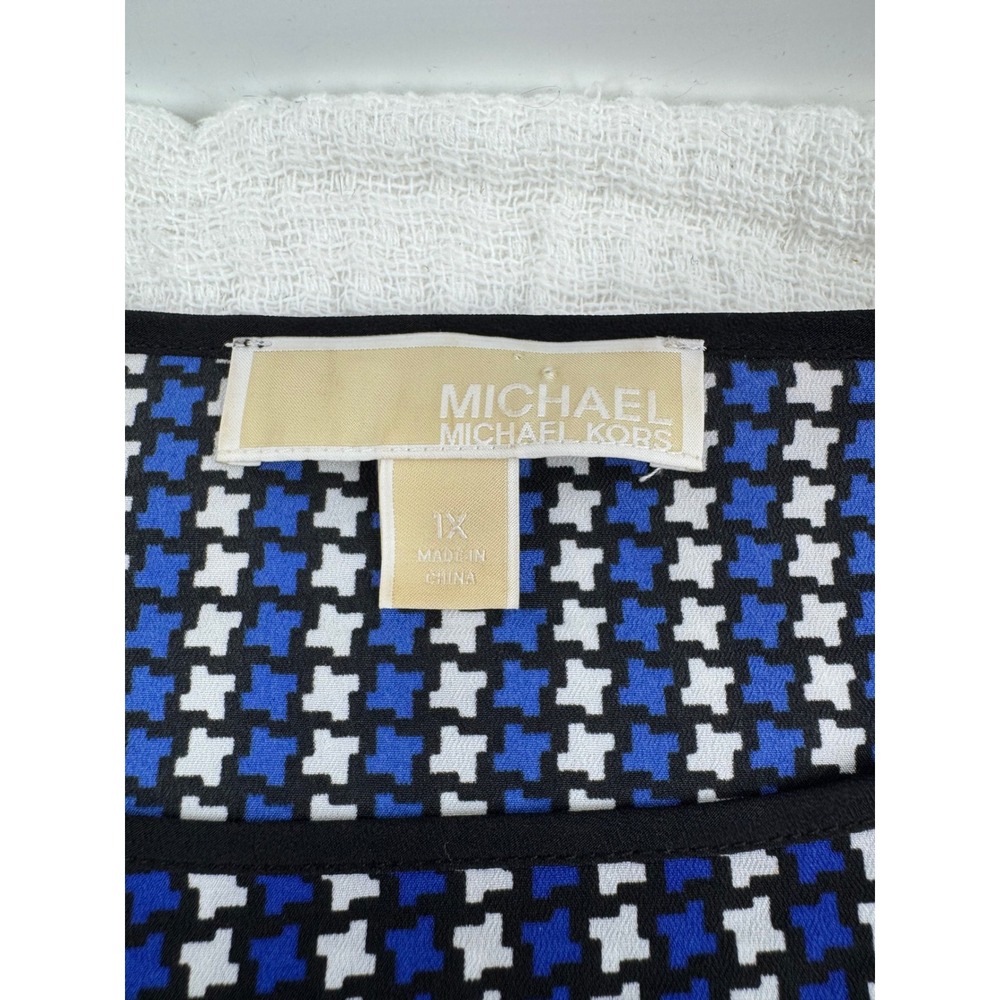 Michael Kors Top 1X Blue Houndstooth Dolman Sleeve Crew Neck Blouse - Picture 6 of 7